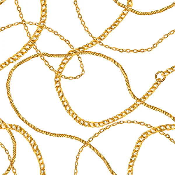 Golden chain glamour seamless pattern illustration. Watercolor texture with golden chains.
