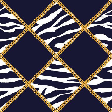 Altın zincir glamour ekose zebra Dikişsiz desen illüstrasyon. Altın zincirlerle suluboya doku.