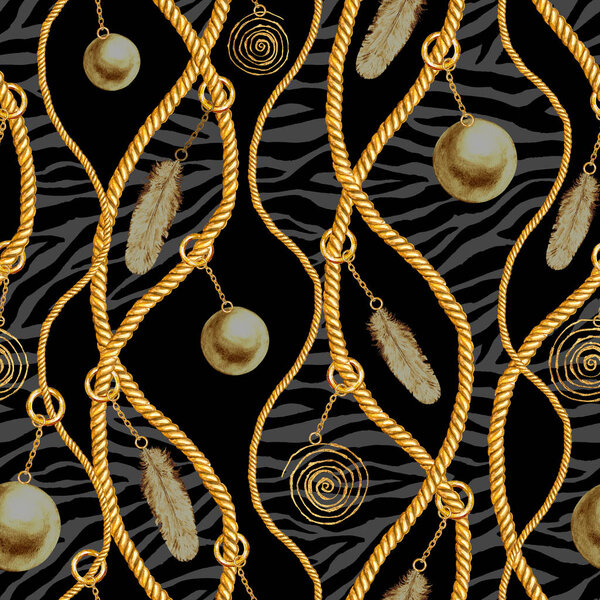 Золотая цепь гламурной зебры бесшовной картины иллюстрации. Акварельная текстура с золотыми цепями
.
