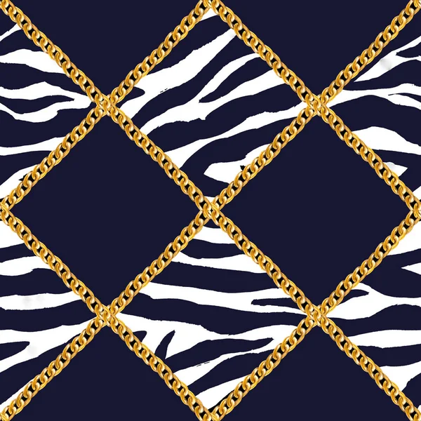 Goldene Kette Glamour karierte Zebra nahtlose Musterillustration. Aquarell Textur mit goldenen Ketten. — Stockfoto