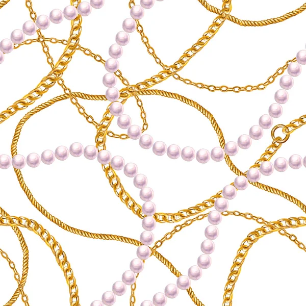Catena d'oro glamour senza soluzione di continuità modello illustrazione. Texture acquerello con catene dorate . — Foto Stock
