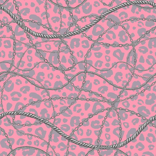 Cadena de plata glamour piel de leopardo sin costura patrón ilustración. Textura de acuarela con cadenas . —  Fotos de Stock