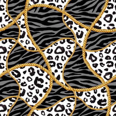 Altın zincir halat glamour zebra leopar Dikişsiz desen illüstrasyon. Altın zincirlerle suluboya doku.