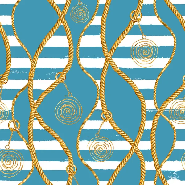 Seamless pattern sea nautical illustration. Watercolor hand drawn fashion texture with ropes.
