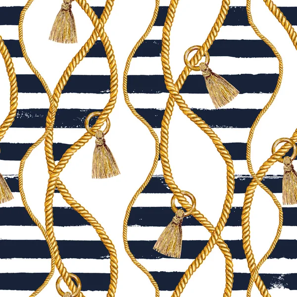 Patrón inconsútil ilustración náutica marina. Textura de moda dibujada a mano de acuarela con cuerdas . —  Fotos de Stock