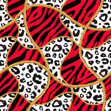 Altın zincir halat glamour zebra leopar Dikişsiz desen illüstrasyon. Altın zincirlerle suluboya doku.