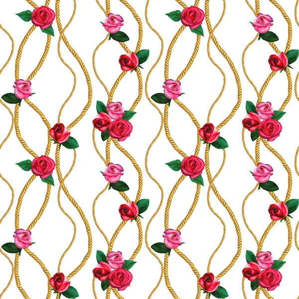 Golden chain glamour seamless pattern illustration. Watercolor texture with golden chains ropes roses. — Stock Photo, Image