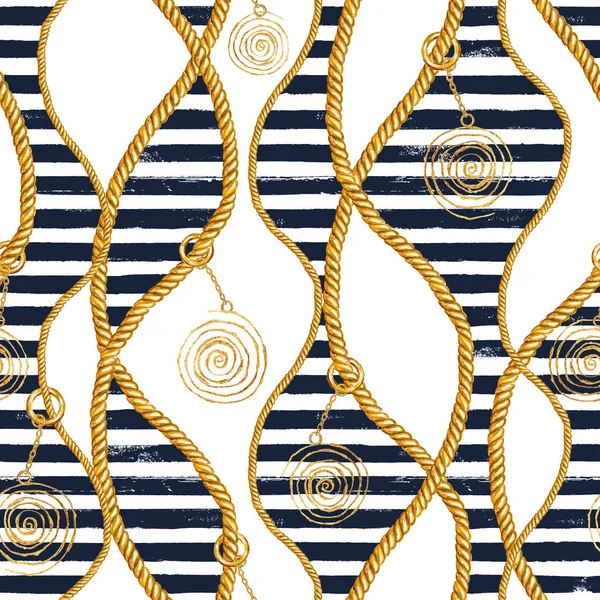 Patrón inconsútil ilustración náutica marina. Textura de moda dibujada a mano de acuarela con cuerdas . —  Fotos de Stock