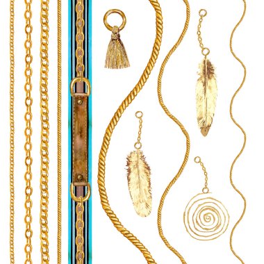 Altın zincir glamour Dikişsiz desen illüstrasyon. Altın zincirlerle suluboya doku.