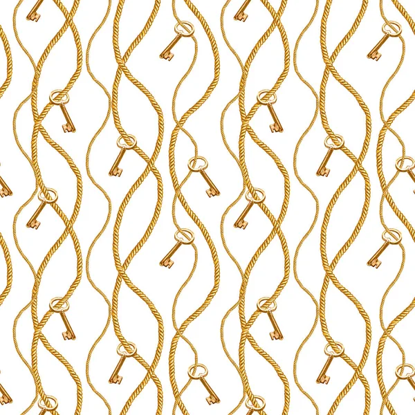 Χρυσή αλυσίδα αίγλη χωρίς ραφή πρότυπο εικονογράφηση. Ακουαρέλα υφή με χρυσές αλυσίδες, συρματόσχοινα κλειδιά. — Φωτογραφία Αρχείου