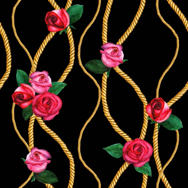 Gouden ketting glamour naadloze patroon illustratie. Aquarel textuur met gouden kettingen touwen rozen. — Stockfoto