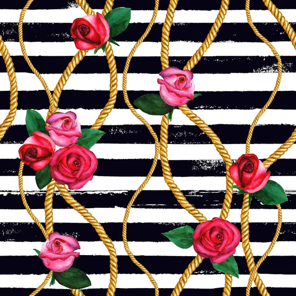 Gouden touw kettingen, roos naadloze patroon. Aquarel hand getrokken mode textuur. — Stockfoto