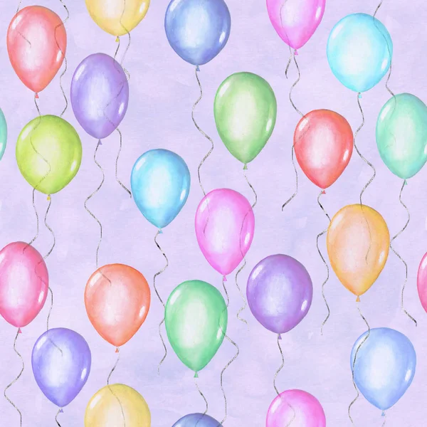 Padrão sem costura de cores coloridas arco-íris aquarela feliz férias voando balões — Fotografia de Stock