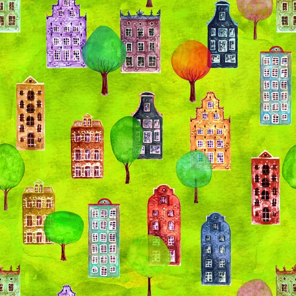 Seamless pattern of watercolor old europe houses