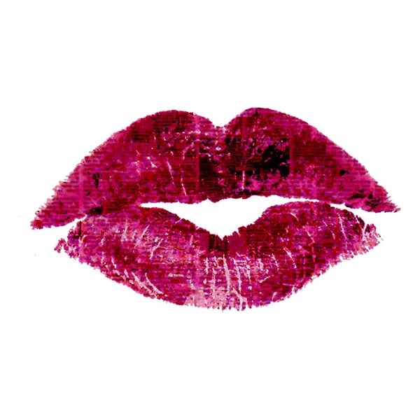 Hermosos labios rojos rosados besan. Trazo de lápiz labial de mujer con textura de periódico —  Fotos de Stock
