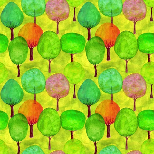 Seamless mönster av akvarell färgglada träd på grönt gräs bakgrund — Stockfoto