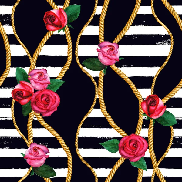 Золоті мотузкові ланцюжки, безшовний візерунок троянд. Акварель мальована текстура моди . — стокове фото