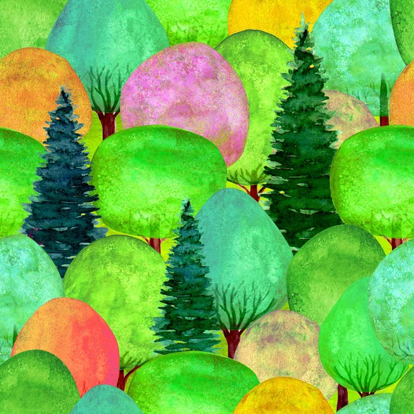 Χωρίς ραφή πρότυπο της υδατογραφίας πολύχρωμα δέντρα σε φόντο πράσινο γρασίδι — Φωτογραφία Αρχείου