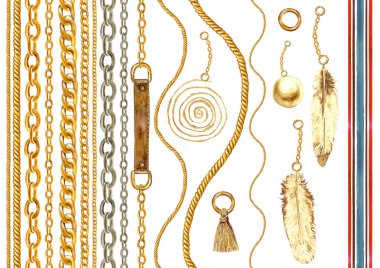 Altın zincir glamour Dikişsiz desen illüstrasyon. Altın zincirlerle suluboya doku.