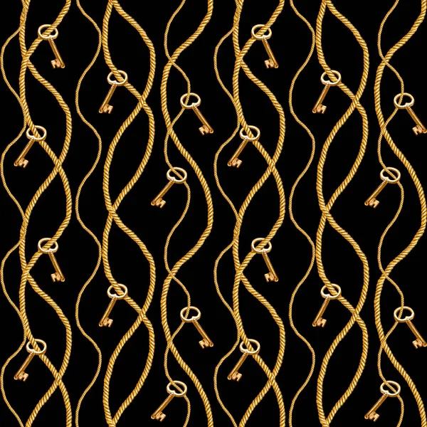 Glamour cadeia dourada ilustração padrão sem costura. Textura aquarela com correntes douradas cordas chaves . — Fotografia de Stock