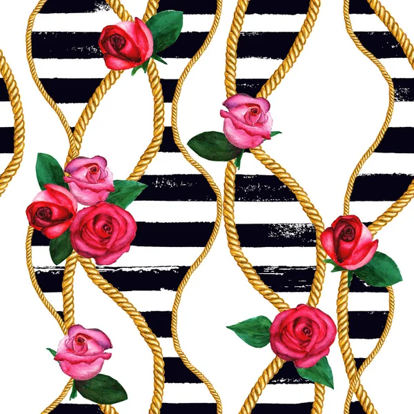 Cadenas de cuerda dorada, patrón sin costura rosa. Textura de moda dibujada a mano acuarela . —  Fotos de Stock
