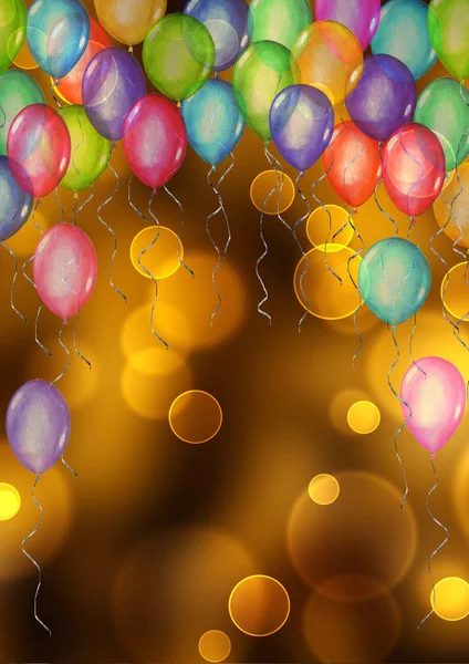 Happy Holiday bakgrund. Akvarell handritad mall för gratulationskort med ballonger på bokeh bakgrund. — Stockfoto