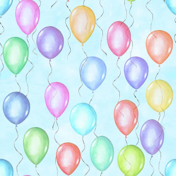 Padrão sem costura de cores coloridas arco-íris aquarela feliz férias voando balões — Fotografia de Stock