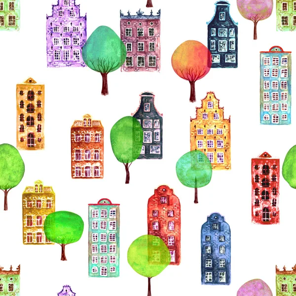 Seamless pattern of watercolor old europe houses
