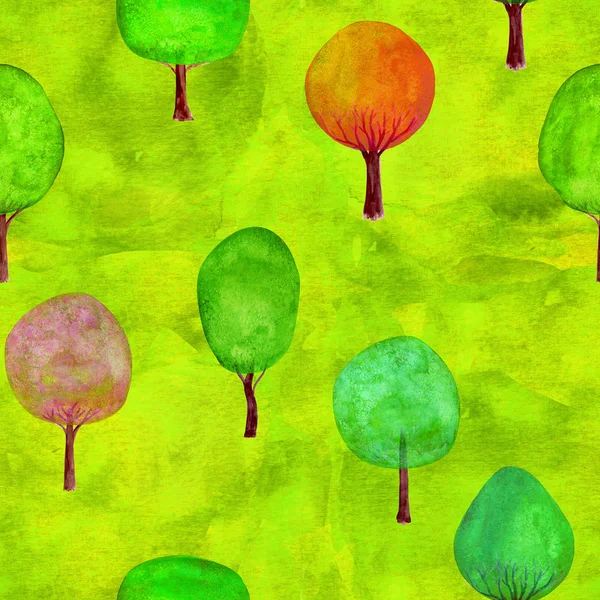 Patrón inconsútil de árboles de colores acuarela sobre fondo de hierba verde —  Fotos de Stock