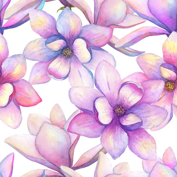 Acquerello bella magnolia fiori senza soluzione di continuità modello di sfondo. Acquerello primavera elegante illustrazione botanica — Foto Stock