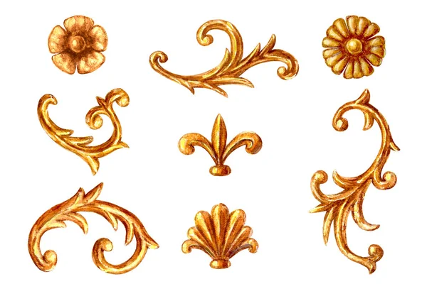 Elementi di stile barocco. Acquerello disegnato a mano vintage incisione floreale scorrimento filigrana cornice design set . — Foto Stock