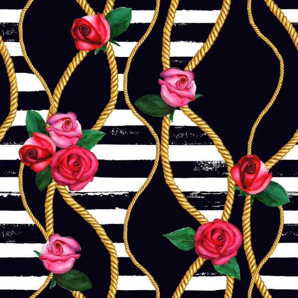 Cadenas de cuerda dorada, patrón sin costura rosa. Textura de moda dibujada a mano acuarela . —  Fotos de Stock