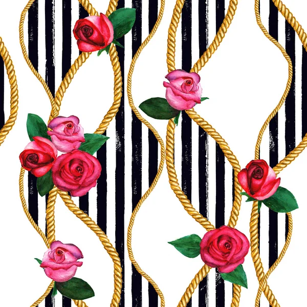 Gouden touw kettingen, roos naadloze patroon. Aquarel hand getrokken mode textuur. — Stockfoto