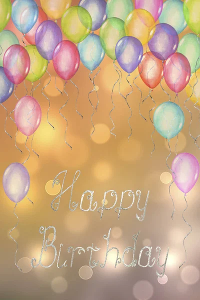 Happy Birthday background. Watercolor hand drawn template for greeting cards with balloons and lettering.