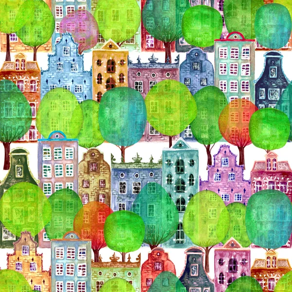 Seamless pattern of watercolor old europe houses