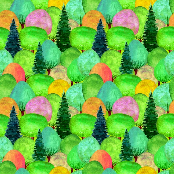 Padrão sem costura de aquarela árvores coloridas no fundo de grama verde — Fotografia de Stock