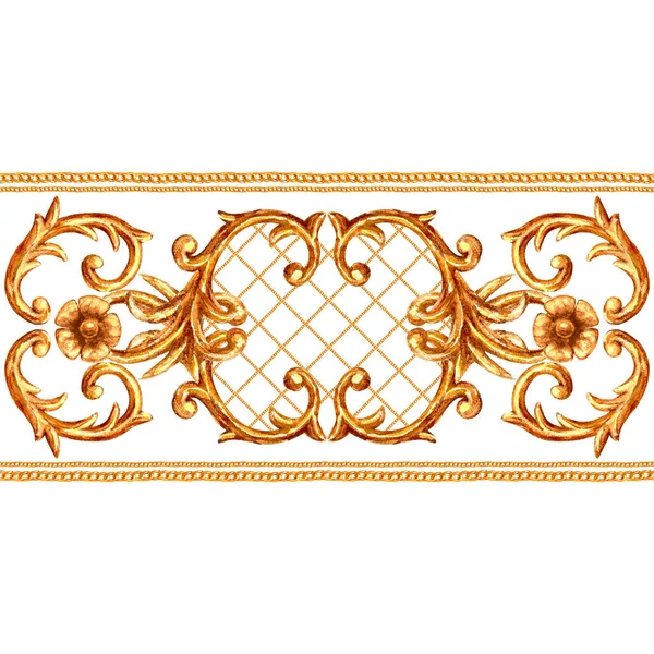 Estilo barroco dourado padrão ornamental segmento sem costura. Moldura de borda de ouro desenhada à mão aquarela com pergaminhos, folhas, correntes e elementos sobre fundo branco . — Fotografia de Stock