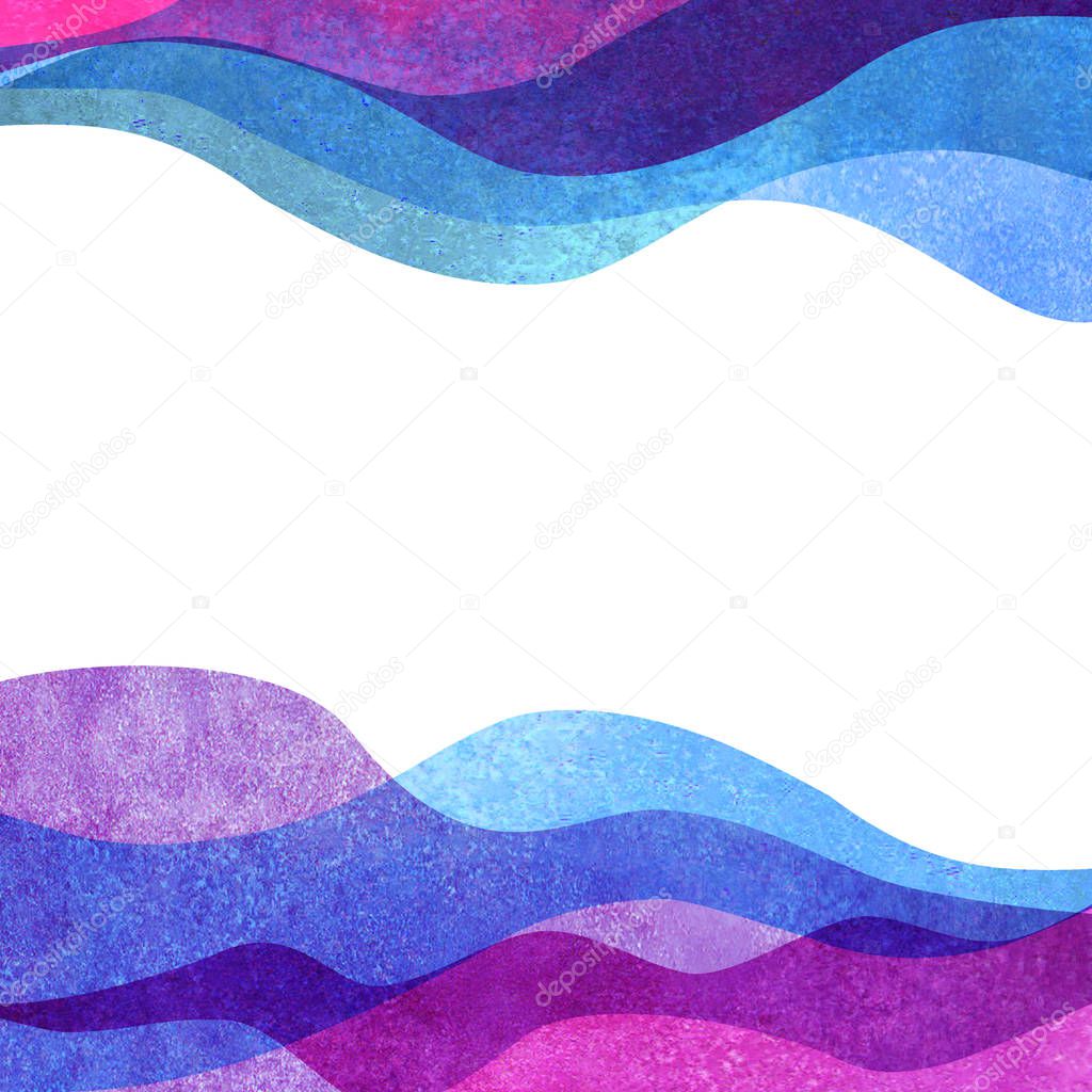 Watercolor transparent wave purple blue pink colored background. Watercolour hand painted waves illustration