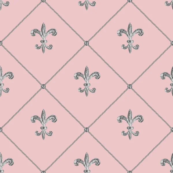 Barokke zilveren elementen ornamentaal naadloos patroon. Aquarel met de hand getekend goud element textuur op roze achtergrond. — Stockfoto