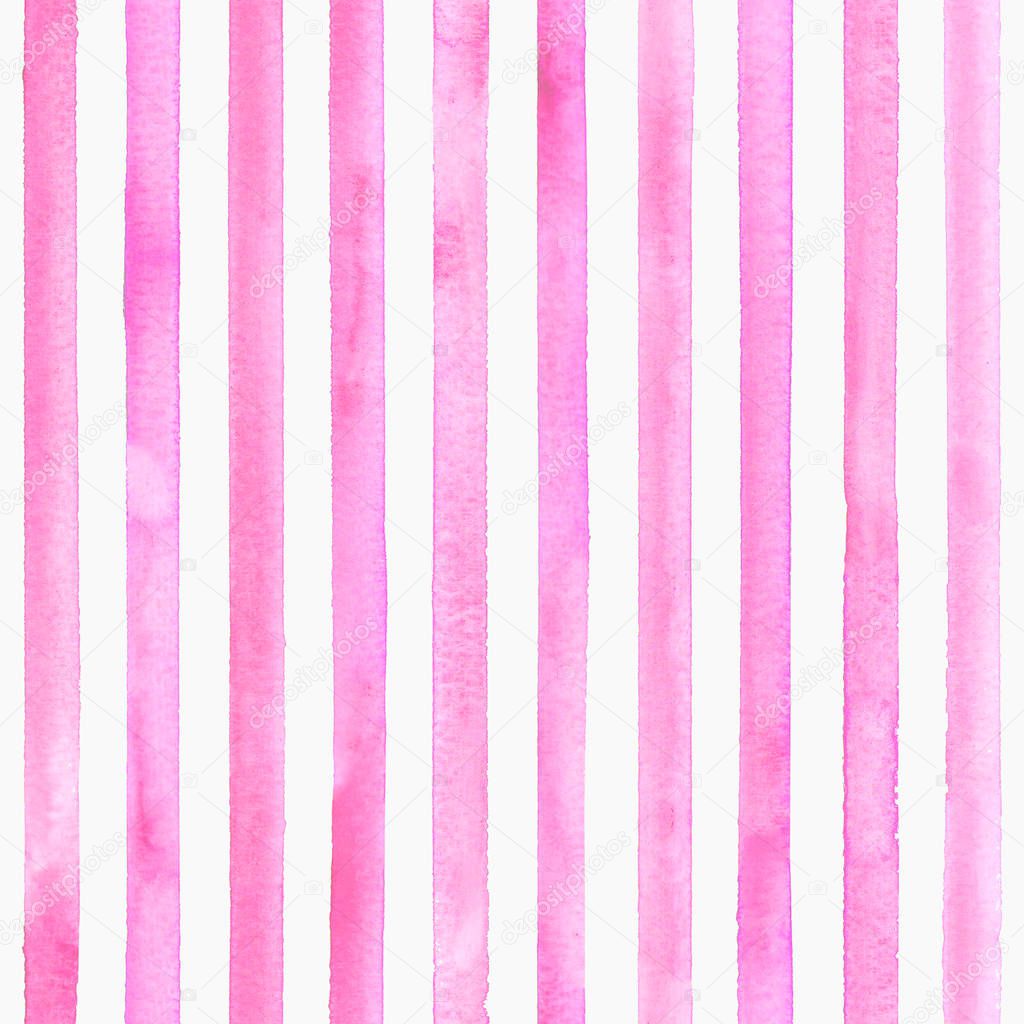 Watercolor pink stripes on white background. Pink and white striped seamless pattern