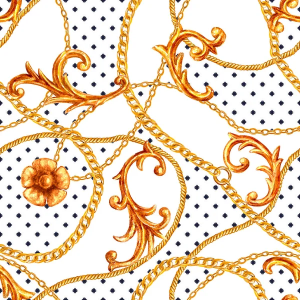 바로크의 황금빛 요소들은 솔기없는 무늬를 장식한다. 흰색 배경에 금빛 수작업 재료를 그린 수채화. — 스톡 사진