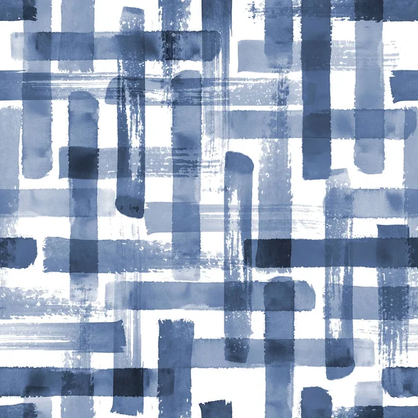 对当代艺术蓝色无缝图案背景的几何形状进行了分析 水彩画手绘深蓝色笔触纹理 纺织品 包装用水彩印 — 图库照片