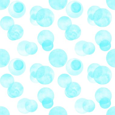 Mavi turkuaz bir suluboya desenli daire çiziyor. Soyut suluboya arkaplan ve beyaz renkli daireler. Elle çizilmiş yuvarlak bir doku. Tekstil, duvar kağıdı, ambalaj kağıdı için yazdır.