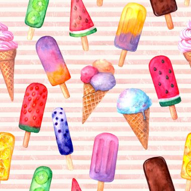 Retro biçimli, pürüzsüz desen. Suluboya el, pembe çizgili eski grunge desenli, çok renkli dondurmayla çizilmiş. Kumaş tasarımı için suluboya baskı, tekstil, kumaş, duvar kağıdı, ambalaj kağıdı.