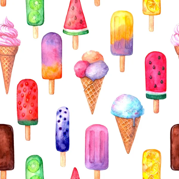 Ретро Стиль Мороженого Бесшовный Узор Акварель Ручной Работы Многоцветное Мороженое — стоковое фото