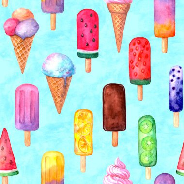Retro biçimli, pürüzsüz desen. Suluboya el dokusu, çok renkli dondurmayla çizilmiş ve mavi deniz mavisi suluboya arka plana sıçramış. Kumaş tasarımı, tekstil, kumaş, duvar kağıdı, ambalaj kağıdı baskısı.