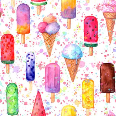 Retro biçimli, pürüzsüz desen. Suluboya el çizimi grunge deseni ile çok renkli dondurma ve beyaz arka planda sıçrama. Kumaş tasarımı, tekstil, kumaş, duvar kağıdı, ambalaj kağıdı baskısı.