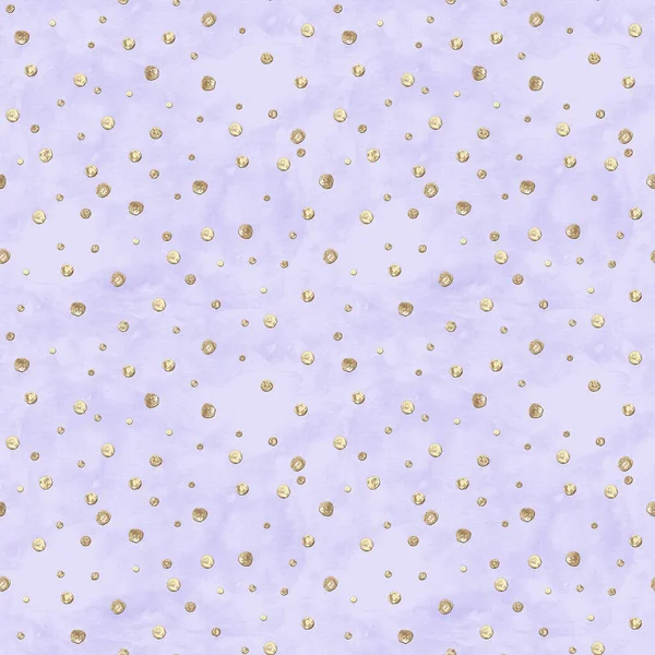 紫色の水彩の背景に3次元の金色の輝くアクリル絵具の丸い円ポルカドットと抽象的なシームレスなパターン 手描きのキラキラした食感 テキスタイル 包装紙のための印刷 — ストック写真