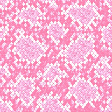 Yılan derisi pürüzsüz desen. Pembe ve beyaz sürüngen dokusu tekrarlanıyor. Yılan derisi desenli, modaya uygun bir arka plan. Tekstil, kumaş, duvar kağıdı ve ambalaj için moda ve şık hayvan baskısı.