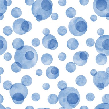 Çivit mavisi daireler suluboya kusursuz desenler. Soyut suluboya arkaplan ve beyaz renkli daireler. Elle çizilmiş yuvarlak bir doku. Tekstil, duvar kağıdı, ambalaj kağıdı için yazdır.
